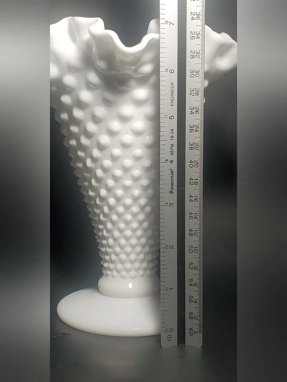 FENTON - Vintage Large Hobnail Milk Glass Trumpet Vase with Crimped Ruffled Rim